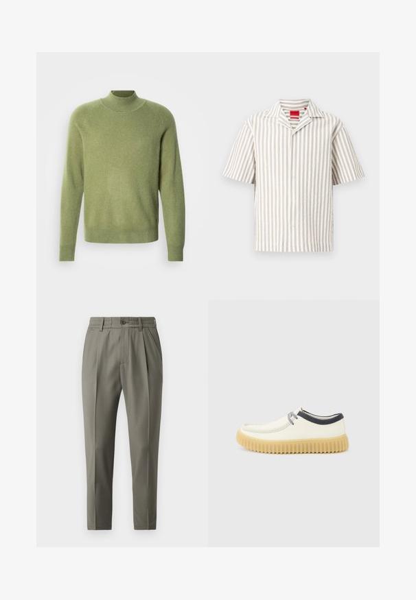 Grøn sweater med simuleret høj hals og ribstrikkede ærmeender og kant. Fremstillet af blødt stof med en glat tekstur og en afslappet pasform.; Kortærmet skjorte med knapper, med lodrette beige og hvide striber og camp-krave, vist på hvid baggrund.; Beige skræddersyede bukser med lige ben, der har en knaplukning, folder foran og en elastisk talje for komfort.; Off-white afslappet sko med tyk, rillede beige sål, sort kant rundt om anklen og stribede snørebånd, vist på ensfarvet lysegrå baggrund.