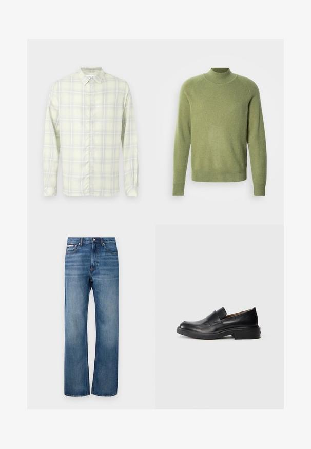 Grøn sweater med simuleret høj hals og ribstrikkede ærmeender og kant. Fremstillet af blødt stof med en glat tekstur og en afslappet pasform.; Lysegul ternet langærmet skjorte med knapper og krave, vist fladt mod en hvid baggrund.; Blå lige ben denim jeans med let bleget effekt, frontlukning med knap og et lille logo mærke på den højre forlommer.; Sorte læder slip-on dress sko med lav hæl og subtil Calvin Klein logo på siden, vist i profil på en hvid baggrund.