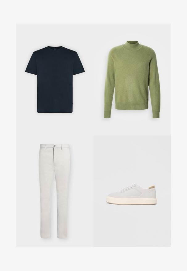 Grøn sweater med simuleret høj hals og ribstrikkede ærmeender og kant. Fremstillet af blødt stof med en glat tekstur og en afslappet pasform.; Mørk marineblå T-shirt med korte ærmer og rund halsudskæring med subtilt præget logo på brystet og lille sidelabel på en ensartet lys baggrund.; Herreslanke beige bukser med bæltestropper, knaplukning og forlommer vist mod en hvid baggrund.; Lys grå sneakers med en glat syntetisk overdel, rund tå og en struktureret crème mellemsål. Lysebrune accenter på hælen.