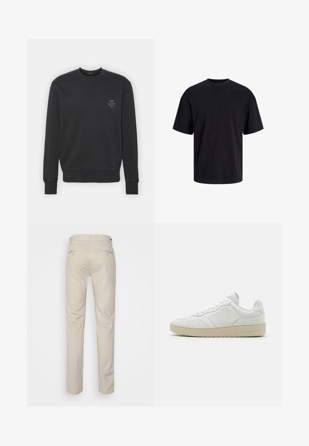 Sweatshirts noirs avec col rond, poignets et ourlet côtelés. Présente un texte blanc sur la poitrine gauche, affichant le nom de la marque et l'année.; T-shirt en coton noir avec un col ras du cou, des manches courtes et une coupe décontractée. Texture lisse sans motifs ni accents visibles.; Pantalon beige avec une texture lisse, coupe droite, deux poches arrière avec boutons, et une taille standard.; Baskets en cuir blanc avec une finition texturée et un col rembourré. Elles sont dotées d'une semelle en caoutchouc beige et d'une discrète branding sur le talon et le côté.