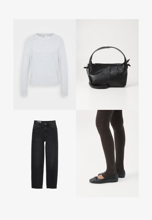 Pull léger gris à manches longues en tricot doux, avec un col rond et des poignets et un ourlet côtelés pour un look ajusté.; Jeans en denim noir avec une coupe droite, dotés d'une fermeture à bouton, de cinq poches et de détails de couture subtils.; Jambes portant des leggings côtelés foncés associés à des ballerines noires avec de petits détails en nœud sur fond blanc.; Sac à main en cuir noir au design structuré, avec une poignée arrondie et une bandoulière amovible. Présente une texture lisse et un éclat subtil.