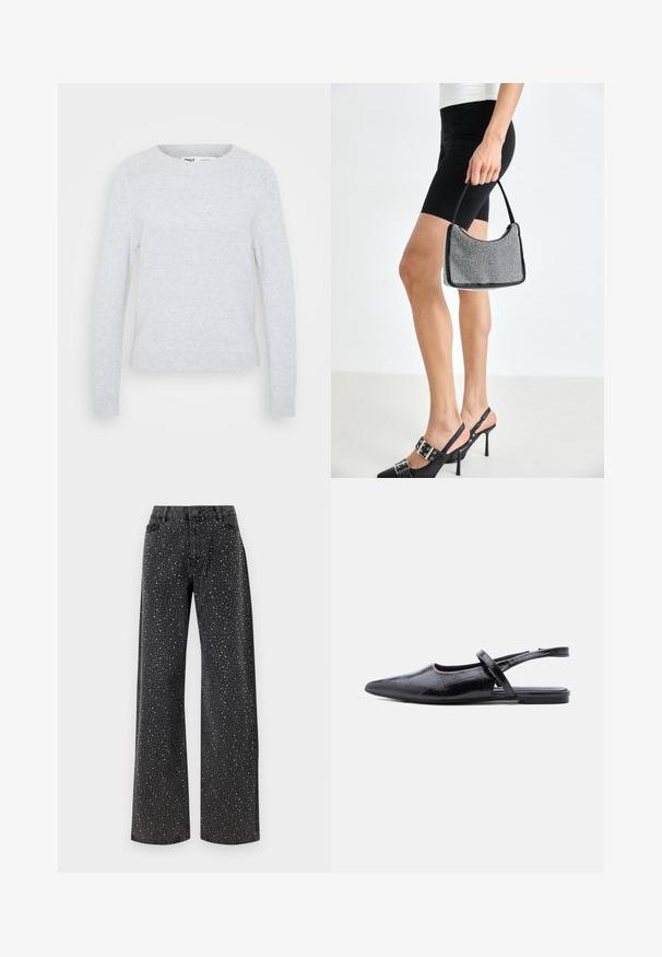 Lys grå langærmet sweater lavet af blødt strikmateriale, med en rund halsudskæring samt ribbede manchetter og kant for et tætsiddende udseende.; Noisy May Rhinestone - Jeans Relaxed Fit - black denim; Sort spids slingback-flad sko med tynd strop over toppen og tekstureret lædermønster.; Sort perlehandtaske med en buet silhuet, bærehåndtag og blank overflade. Båret med højhælede sorte sko og tætsiddende sorte shorts.