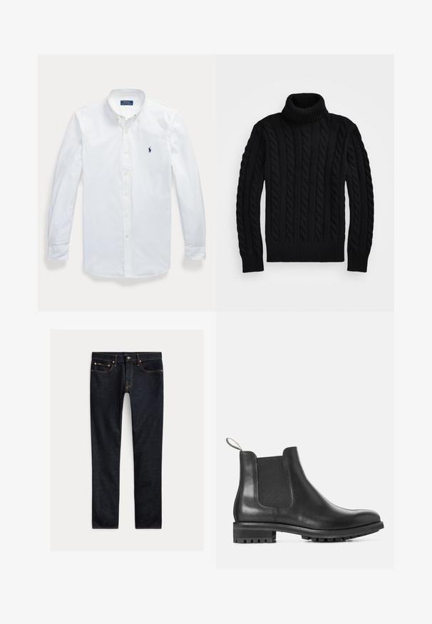Zwarte coltrui met een kabelbreipatroon, geribbelde kraag en manchetten, en een gestructureerde afwerking. Ontworpen voor een getailleerde pasvorm.; Wit overhemd met lange mouwen en knopen, met kraag, Polo Ralph Lauren-logo geborduurd op de linkerborst.; Donkerblauwe slim-fit jeans met vijf zakken, knoopsluiting en contrasterende stiksels, plat gelegd op een lichte achtergrond.; Zwarte leren Chelsea-boot met elastische zijpanelen, ronde neus en een rubberen zool met een gestructureerd profiel voor grip.