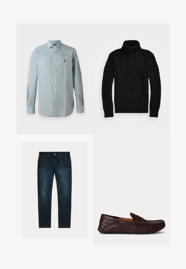 Schwarzer Rollkragenpullover mit Kabelstrickmuster, geripptem Kragen und Bündchen sowie einer strukturierten Oberfläche. Entworfen für eine figurbetonte Silhouette.; Hemd mit Knöpfen aus blau-weißer Karomuster, lange Ärmel, klassischer Kragen, mit einem kleinen gestickten Emblem auf der Brust.; Dunkelblaue Slim-Fit-Jeans mit leichtem Verblassen und Fünf-Taschen-Design, flach auf weißem Hintergrund liegend.; Dunkelbrauner Herren-Lederloafer mit Nahtdetail und Gummisohle, seitlich auf einfarbigem Hintergrund gezeigt.