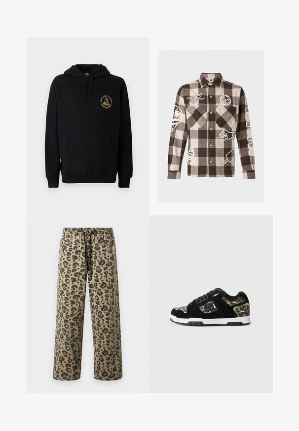Sudadera negra con un bolsillo canguro, cordones y un logo gráfico dorado en el pecho izquierdo. Fabricada con una tela suave y texturizada.; Camisa abotonada a cuadros marrón y beige con diseños gráficos blancos que incluyen calaveras, caras, un gato, un cucurucho de helado y texto en la manga.; Pantalones de estampado de leopardo en colores marrón claro y oscuro, con cintura elástica con cordón, bolsillos laterales y corte holgado.; Zapatilla de ante negra con patrón de camuflaje en el lateral, media suela blanca y suela exterior de goma negra. Presenta cordones y detalle del logo en el lateral.