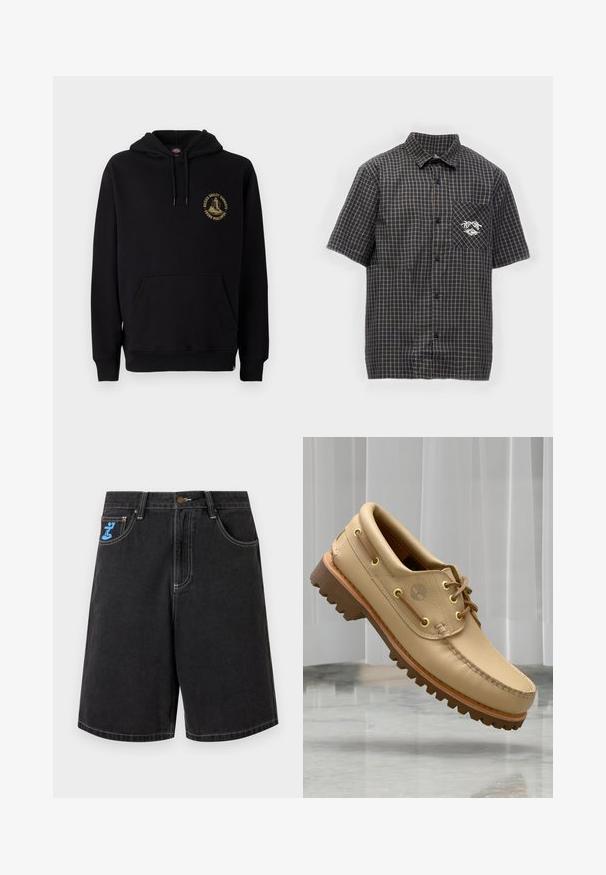 Haut à capuche noir avec une poche kangourou, des cordons de serrage et un logo graphique doré sur la poitrine gauche. Fabriqué en tissu doux et texturé.; Chemise à manches courtes avec boutons, motif à carreaux noir et gris et petit logo sur la poche poitrine gauche.; Short en denim noir avec coutures blanches, bouton à l'avant, passants pour ceinture, deux poches latérales et un logo bleu sur la petite poche avant droite.; Chaussure bateau en cuir marron clair avec semelle épaisse et striée et détails de lacets, flottant au-dessus d'un sol en marbre et d'un fond de stores verticaux blancs.