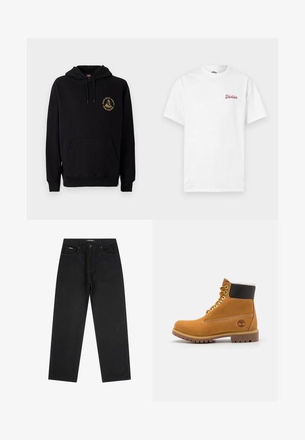 Zwarte hoodie met een kangoeroezak, trekkoorden en een gouden grafisch logo op de linkerborst. Gemaakt van zachte, gestructureerde stof.; Witte katoenen T-shirt met korte mouwen. Heeft een rood tekstlogo "Dickies" op het linkerborstgebied, een ronde halslijn en een standaard pasvorm.; Zwarte rechtbenige spijkerbroek met vijf zakken, knoopsluiting en riemlussen, maat 32.; Bruine leren enkellaars met metalen oogjes, witte faux bont voering, zwarte gewatteerde kraag, robuuste zool en een reliëflogo aan de zijkant.