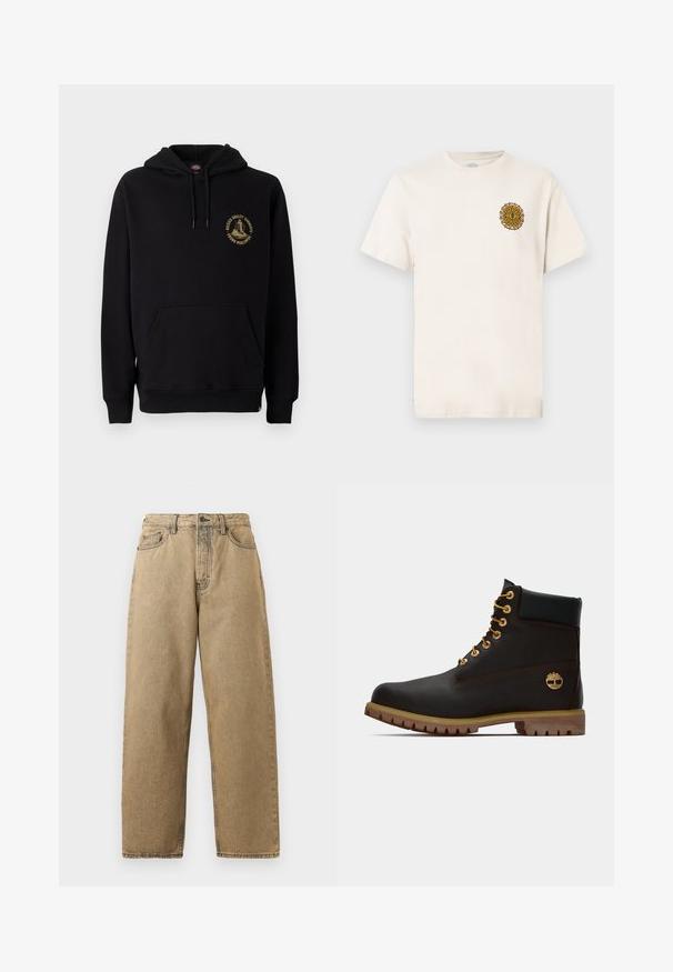 Zwarte hoodie met een kangoeroezak, trekkoorden en een gouden grafisch logo op de linkerborst. Gemaakt van zachte, gestructureerde stof.; Off-white T-shirt met korte mouwen en een klein geel-bruin zonembleem op het linkerborstgebied, afgebeeld tegen een effen achtergrond.; Tan denim jeans met een rechte pijpontwerp, voorzien van een rits, riemlussen en contrasterende stiksels. Geen opvallende patronen of hardwaredetails.; Zwarte leren enkellaars met gouden oogjes, bruine accenten en een rubberen zool. Heeft een gevoerde kraag en geperst logo aan de zijkant.