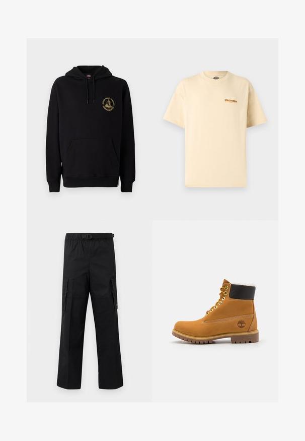 Zwarte hoodie met een kangoeroezak, trekkoorden en een gouden grafisch logo op de linkerborst. Gemaakt van zachte, gestructureerde stof.; Beige korte mouwen Dickies t-shirt met een klein oranje-zwart logo op de linkerborst, ronde hals, eenvoudige uitvoering.; Zwarte cargobroek met een wijde pasvorm, een verstelbare tailleband met een gesp en twee zijzakken voor opslag. Lichtgewicht stof.; Bruine leren enkellaars met metalen oogjes, witte faux bont voering, zwarte gewatteerde kraag, robuuste zool en een reliëflogo aan de zijkant.
