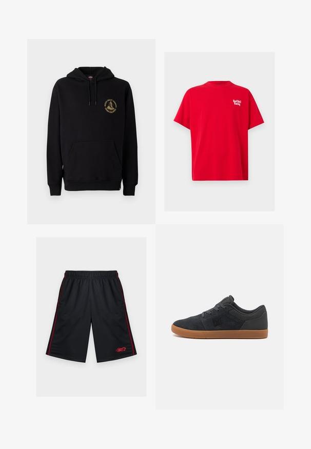 Black hoodie with a kangaroo pocket, drawstrings, and a gold graphic logo on the left chest. Made of soft, textured fabric.; Red short-sleeve crew neck T-shirt with white "Red Bull Racing" logo on the left chest.; Black mesh athletic shorts with red side stripes and a red flame graphic near the bottom hem, elastic waistband, zipper side pockets.; Dark grey suede sneakers with a rubber tan sole, featuring a black logo on the side and textured accents on the upper.