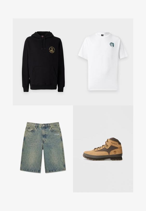 Sort hættetrøje med kængurulomme, snore og et guld grafiklogo på venstre bryst. Lavet af blødt, struktureret stof.; Hvid T-shirt med korte ærmer med lille grønt kopgrafik og "The North Face" logo på venstre bryst.; Lyseblå denimshorts med falmet finish, forlommer, bæltestropper, knaplukning og "PEGADOR" logo på højre forlom.; Brune ruskind vandrestøvle med mørkebrune accenter, metaløjer og sål med godt greb. Timberland-logo præget på siden. Mellemhøj design.