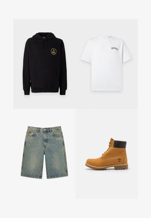 Sudadera negra con un bolsillo canguro, cordones y un logo gráfico dorado en el pecho izquierdo. Fabricada con una tela suave y texturizada.; Camiseta blanca de algodón con mangas cortas y cuello redondo. Presenta el logo "DICKIES" bordado en verde en el lado izquierdo del pecho.; Pantalones cortos de mezclilla azul claro con un acabado desteñido, bolsillos delanteros, trabillas para cinturón, cierre de botón y logotipo "PEGADOR" en el bolsillo delantero derecho.; Botín de cuero marrón con ojales de metal, forro de piel sintética blanca, cuello acolchado negro, suela resistente y logotipo en relieve en el costado.