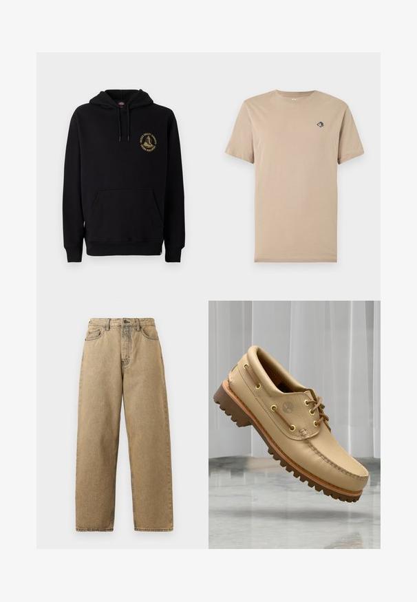 Schwarzer Hoodie mit Kängurutasche, Kordeln und einem goldenen Grafiklogo auf der linken Brust. Hergestellt aus weichem, strukturiertem Stoff.; Beiges T-Shirt mit kurzen Ärmeln und Rundhalsausschnitt, mit kleinem cartoonartigem Aufnäher auf der linken Brust, der eine Figur mit großen Augen zeigt.; Beige Denim-Jeans mit geradem Bein, ausgestattet mit einem Reißverschluss, Gürtelschlaufen und kontrastierenden Nähten. Keine auffälligen Muster oder Hardware-Details.; Hellbraune Lederbootsschuhe mit dickem, geripptem Profil und Schnürdetails, schwebend über einem Marmorboden und einem Hintergrund aus weißen vertikalen Jalousien.
