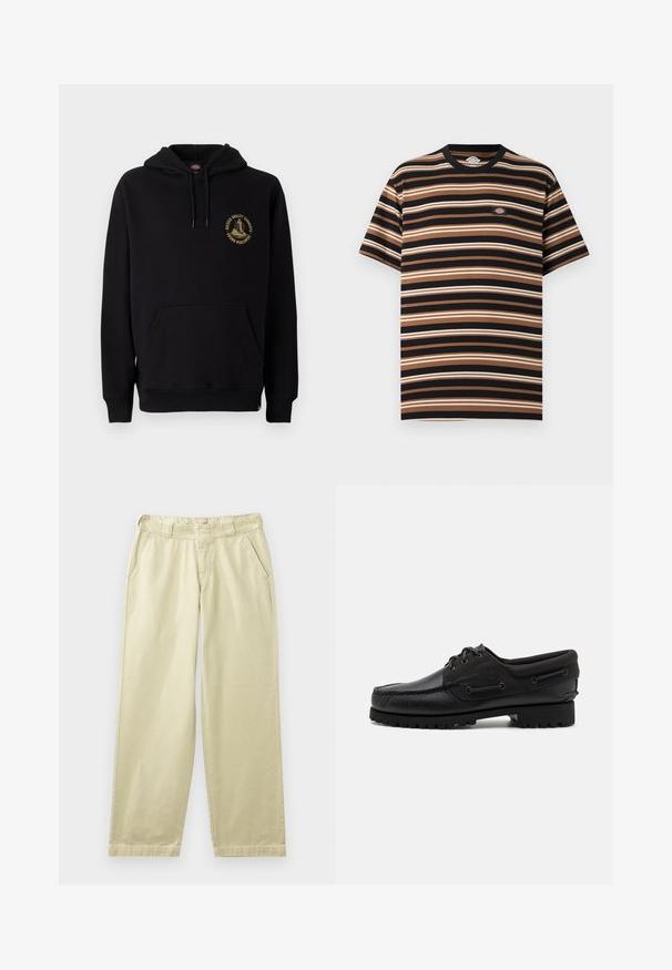 Sort hættetrøje med kængurulomme, snore og et guld grafiklogo på venstre bryst. Lavet af blødt, struktureret stof.; T-shirt med korte ærmer med vandrette sorte, brune og beige striber samt en lille Dickies logo-patch på brystet.; Beige bomuldsbukser med en afslappet pasform, der har sidelommer, bæltestropper og lige ben. Glat tekstur med minimale syningsdetaljer.; Sort sko med overdel i læder, tekstilaccentuer, runde snørebånd og en tekstureret gummisål. Udstyret med mokkasinsyning og branddetalje.