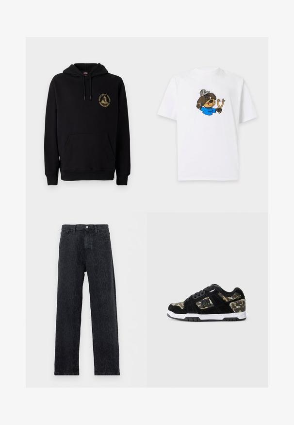 Zwarte hoodie met een kangoeroezak, trekkoorden en een gouden grafisch logo op de linkerborst. Gemaakt van zachte, gestructureerde stof.; Wit T-shirt met een cartoonbeer die een pet en een blauw overhemd draagt, en een katapult vasthoudt die klaar is om te schieten.; Zwarte jeans met rechte pijpen en subtiel donker dierenprintpatroon, knoop- en ritssluiting, en voorzakken, afgebeeld op een witte achtergrond.; Zwarte suède sneaker met een camouflagemotief aan de zijkant, witte tussenzool en zwarte rubberen zool. Bevat veters en logo-details aan de zijkant.