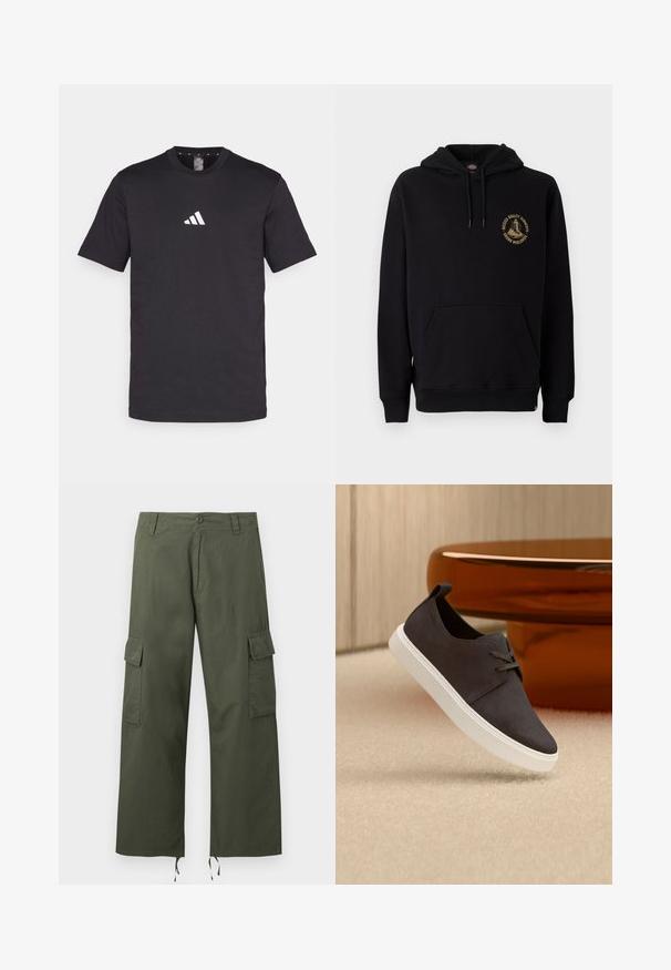 Zwarte hoodie met een kangoeroezak, trekkoorden en een gouden grafisch logo op de linkerborst. Gemaakt van zachte, gestructureerde stof.; Zwarte katoenen T-shirt met korte mouwen, voorzien van een wit Adidas-logo op de borst. Klassiek ontwerp met ronde hals.; Olijfgroene cargobroek met zijflapzakken, knoopsluiting, riemlussen en verstelbare trekkoorden aan de brede pijpzomen.; Donkergrijze suède casual veterlaars met witte zool, zwevend boven een beige tapijt, met een bruine transparante moderne tafel op de achtergrond.