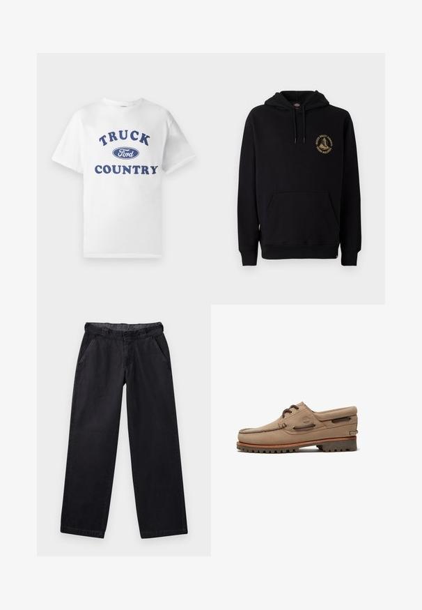 Schwarzer Hoodie mit Kängurutasche, Kordeln und einem goldenen Grafiklogo auf der linken Brust. Hergestellt aus weichem, strukturiertem Stoff.; Weißes Baumwoll-T-Shirt mit blau bedrucktem Text "TRUCK COUNTRY" und einem blauen ovalen "Ford"-Logo in der Mitte. Kurze Ärmel und Rundhalsausschnitt.; Schwarze weite Hosen aus robustem Stoff, mit flachem Bund, zwei seitlichen Taschen und einer glatten Textur.; Beiger Wildleder-Bootsschuh mit Schnürung, robusten Sohlen, Leder-Schnürsenkeln und gepolstertem Kragen, mit Timberland-Logo an der Seite.