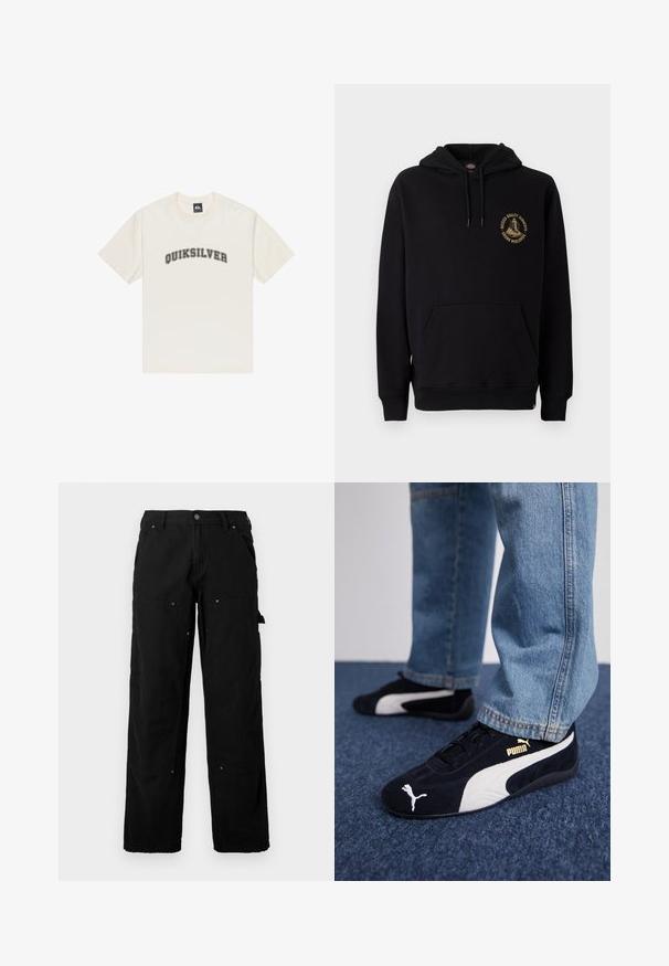 Schwarzer Hoodie mit Kängurutasche, Kordeln und einem goldenen Grafiklogo auf der linken Brust. Hergestellt aus weichem, strukturiertem Stoff.; Cremfarbendes Baumwoll-T-Shirt mit kurzen Ärmeln und rundem Halsausschnitt. Mit dem „QUIKSILVER“-Logo in Schwarz, das über die Brust gedruckt ist.; Schwarze Cargo-Hosen aus strapazierfähigem Stoff mit mehreren Taschen, lockerer Passform, sichtbaren Nähten und Druckknopfdetails.; Schwarze Wildledersneaker mit weißen Akzenten und einem goldenen Logo. Getragen mit hellblauen Jeans und auf einer strukturierten blauen Oberfläche platziert.