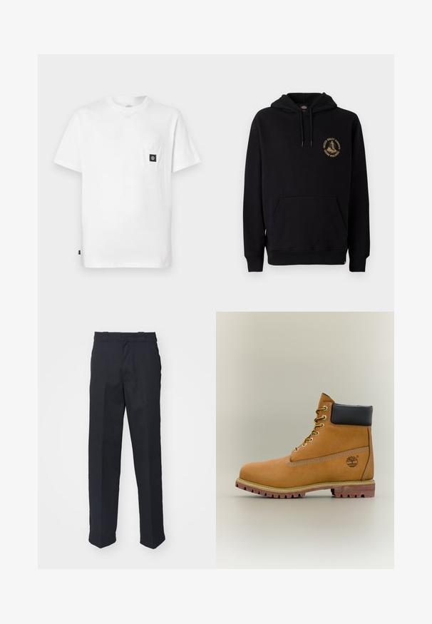 Haut à capuche noir avec une poche kangourou, des cordons de serrage et un logo graphique doré sur la poitrine gauche. Fabriqué en tissu doux et texturé.; T-shirt en coton blanc avec encolure ronde, manches courtes et une poche poitrine ornée d'un patch logo noir. Texture lisse, coupe décontractée.; Pantalons noirs sur mesure avec une coupe droite, en tissu lisse, dotés d'une taille avec passants et sans motifs ni pièces métalliques visibles.; Bottine en cuir marron avec col noir, lacets jaunes et semelle beige. Présente un logo et des détails de couture blanche. Semelle extérieure à traction robuste.