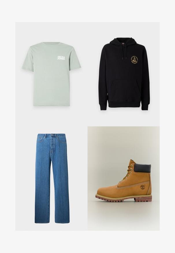 Sort hættetrøje med kængurulomme, snore og et guld grafiklogo på venstre bryst. Lavet af blødt, struktureret stof.; Lys grøn t-shirt i bomuld med rund halsudskæring og korte ærmer. Har et hvidt logo "JACK & JONES" trykt på venstre bryst.; Lysblå denimjeans med lige ben. Har fem lommer, knaplukning og minimale syninger.; Brun læderankelstøvle med sort krave, gule snørebånd og tanfarvet sål. Har logo og hvide syninger som detalje. Robust ydersål med greb.
