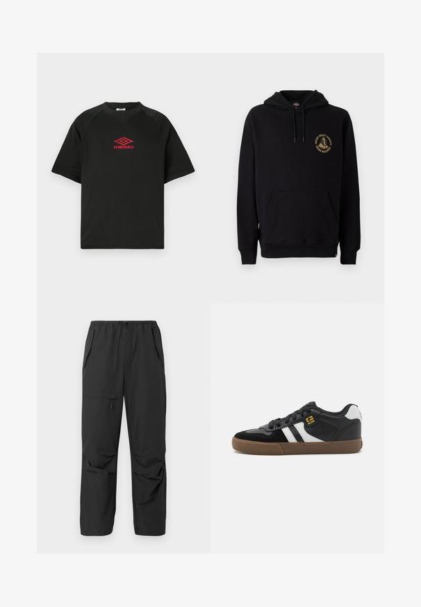 Zwarte hoodie met een kangoeroezak, trekkoorden en een gouden grafisch logo op de linkerborst. Gemaakt van zachte, gestructureerde stof.; Zwarte t-shirt met korte mouwen en ronde hals met het rode Umbro-logo in het midden van de borst op een plain witte achtergrond.; Zwart, lichtgewicht broek met een elastische tailleband, zijzakken en een relaxed fit. Soepele structuur, geen zichtbare patronen of accenten.; Zwart-witte sneakers met een bovenwerk van suède en leer, voorzien van witte strepen, zwarte veters en een bruine rubberen zool. Gouden logo-accenten.