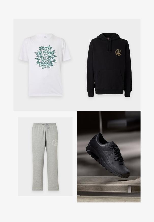 Haut à capuche noir avec une poche kangourou, des cordons de serrage et un logo graphique doré sur la poitrine gauche. Fabriqué en tissu doux et texturé.; T-shirt blanc à manches courtes avec un motif vert représentant plusieurs yeux autour d'un globe, texte "EARTH TRIPPER" et "VOLCOM STONE" sur le devant.; Pantalon de survêtement gris avec taille élastique et cordon, avec petit logo blanc circulaire sur la partie supérieure de la cuisse gauche.; Baskets noirs Nike Air Max avec un dessus en cuir texturé, semelle en caoutchouc et un système de laçage proéminent, mettant en avant un design moderne et épuré.