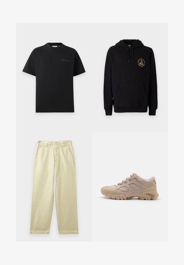 Sudadera negra con un bolsillo canguro, cordones y un logo gráfico dorado en el pecho izquierdo. Fabricada con una tela suave y texturizada.; Camiseta negra de algodón con cuello redondo estándar y mangas cortas. Presenta un logo sutil en relieve en el pecho.; Pantalones de algodón beige con un corte relajado, que cuentan con bolsillos laterales, presillas para cinturón y piernas rectas. Textura suave con detalles mínimos de costura.; Zapatilla deportiva beige con una parte superior de malla texturizada, superposición sintética y suela Vibram. Presenta un sistema de cordones y detalles en el panel lateral.