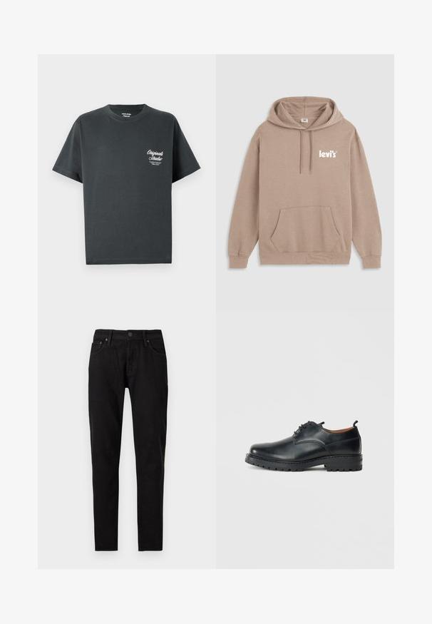 Beige mikina s kapucňou, predným vreckom, viazaním na kapucni a bielym logom "levi's" na hrudi. Vyrobená z mäkkej textílie.; Tmavohnedé bavlnené tričko s okrúhlym výstrihom, krátkymi rukávmi a bielym nápisom na ľavej strane hrude. Jednoduchý, nezdobený dizajn.; Čierne slim-fit džínsy s predným zapínaním na gombík a zips, pútkami na opasok a dvoma prednými vreckami viditeľnými na bielom pozadí.; Čierne kožené derby topánky s hladkým povrchom, zaoblenou špičkou, šnúrkovým zapínaním a hrubou, odolnou gumovou podrážkou.
