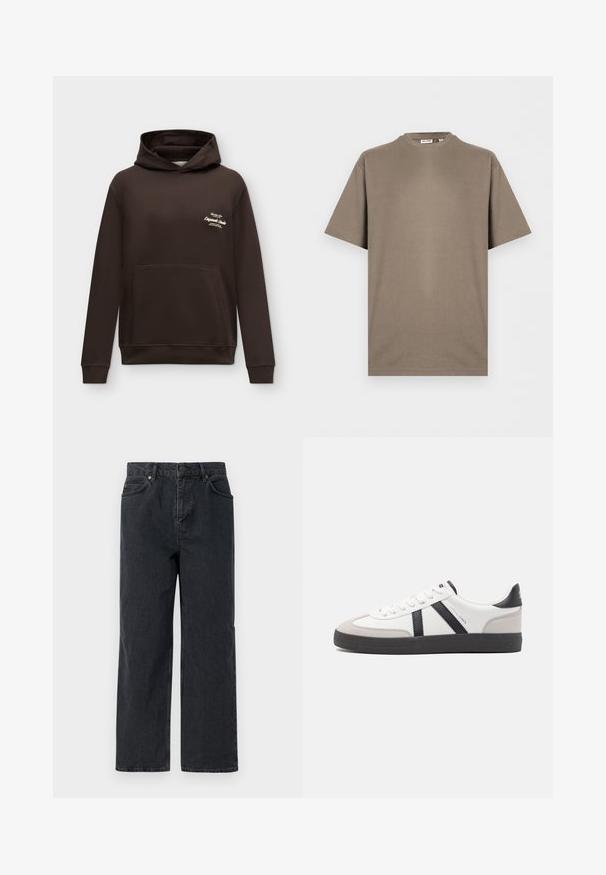 Dunkelbrauner Hoodie mit vorderer Kängurutasche und kleinem weißem Textlogo auf der linken Brust vor schlichtem hellem Hintergrund.; Schlichtes kurzärmeliges Baumwoll-T-Shirt in Taupe mit Rundhalsausschnitt und entspannter Passform, auf weißem Hintergrund dargestellt.; Dunkelblaue Denim-Hosen mit weitem Bein, Fünf-Taschen-Design und Knopfverschluss. Enthält Hardware in kupferfarbener Ausführung und eine subtile Textur.; Weiße Sneaker mit schwarz- und grau-aczenten, ausgestattet mit einer strukturierten grauen Zehenkappe, schwarzer Gummi-Sohle und flachen weißen Schnürsenkeln. Sauberes Design, minimalistische Stil.