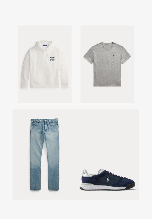 Weißer Hoodie aus Baumwollmischung mit Fronttasche, Kordelzugkapuze und „POLO SPORT“-Logo in Marineblau. Klassische Passform mit gerippten Bündchen.; Hellgraues T-Shirt mit kurzen Ärmeln und Rundhalsausschnitt mit kleinem schwarzem Polo Ralph Lauren Pferdelogo auf der linken Brust.; Hellblaue Jeans mit geradem Bein, fünf Taschen, Knopfverschluss und dezenten verwaschenen Details an Oberschenkeln und Knien.; Herren Polo Sneaker in Marineblau und Weiß mit Velours- und Mesh-Einsätzen, weißen Schnürsenkeln und Polo-Logo an der Seite und Ferse.