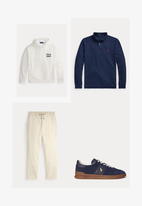 Sudadera con capucha blanca de mezcla de algodón con bolsillo frontal, capucha con cordones y logo "POLO SPORT" en azul marino. Corte clásico con puños acanalados.; Polo de manga larga azul marino con cuello, dos botones y logo bordado en rojo en el pecho izquierdo.; Pantalones casuales color blanco roto con cinturilla elástica y cordón, piernas rectas y bolsillos laterales sobre un fondo liso.; Zapatilla deportiva baja azul marino con cordones blancos, suela marrón y logo de jugador de polo en el lateral, vista desde la izquierda.