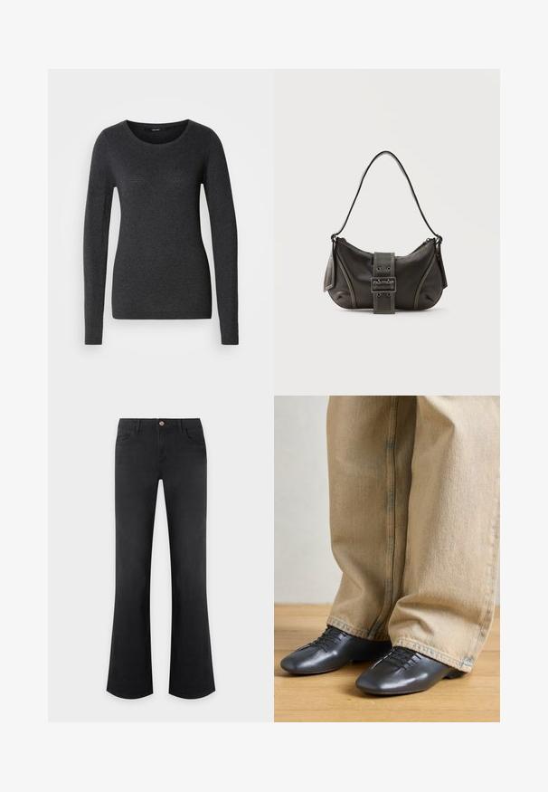 Donkergrijze trui met lange mouwen en een ronde hals, zachte textuur en subtiele patroondetails op de voorkant en mouwen.; Zwarte high-waisted jeans met een wijde pijp, knoop aan de voorkant, ritsluiting en een ontwerp met vijf zakken op een effen lichte achtergrond.; Zwarte leren schoenen met een gladde textuur, een laag profiel en veters, gecombineerd met losse, lichtbeige denim broeken.; Zwarte leren schoudertas met gespsluiting aan de riem, afgeronde hoeken en contrasterende witte stiksels op een effen achtergrond.