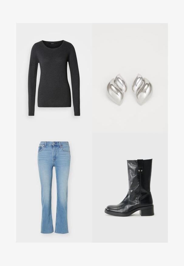 Mørkegrå langærmet sweater med rund halsudskæring, blød tekstur og diskrete mønsterdetaljer på forsiden og ærmerne.; Lyseblå jeans med høj talje, knap- og lynlåslukning, forlommer og let udvidede ben.; Sort læder ankelstøvle med rund tå, en beskeden stak hæl og en dekorativ sideflap. Materialet har en glat, poleret overflade.; Sølvøreringe med en organisk, abstrakt form. Glat, skinnende overflade med et tilspidset design. Har subtile kurver og en centrallinje detalje.