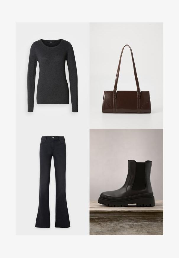 Pull gris foncé à manches longues avec un col rond, une texture douce et un motif subtil sur le devant et les manches.; Jeans noirs taille haute flare avec bouton sur le devant et poches, présentés sur un fond clair uni.; Bottine en cuir noir avec une semelle épaisse, des panneaux latéraux élastiqués et une finition lisse. Design surélevé avec des détails de semelle contrastants.; Sac à main en cuir verni marron de forme rectangulaire, avec deux longues poignées et des accents courbés subtils à l'avant.