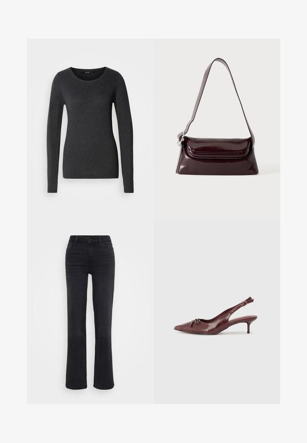 Pull gris foncé à manches longues avec un col rond, une texture douce et un motif subtil sur le devant et les manches.; Jean en denim noir à coupe droite, avec une fermeture à bouton à l'avant, cinq poches et des détails de couture subtils.; Talons slingback en cuir bordeaux avec un embout pointu, une sangle ajustable et un détail de nœud décoratif à l'avant. Hauteur du talon de 7,5 cm.; Sac à bandoulière en cuir bordeaux foncé avec fermeture à rabat et une fine sangle réglable, présenté sur un fond clair uni.