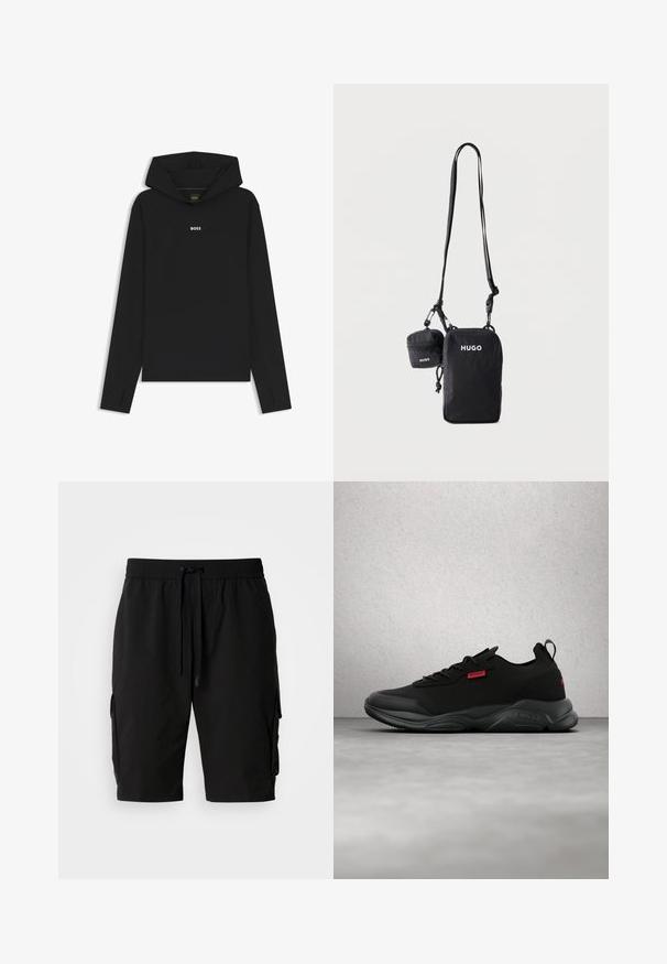 Zwarte hoodie met lange mouwen, duimgaten en een klein wit "BOSS"-logo in het midden van de borst.; Zwarte cargoshorts gemaakt van lichtgewicht stof, met een elastische tailleband, een trekkoord en zijvakken voor extra opbergruimte.; Zwarte lage sportsneaker met gestructureerde zool, mesh stof en rode "HUGO" label aan de zijkant en hiel, geplaatst op een grijze ondergrond.; Zwarte crossbodytas en kleiner etui, beide met wit "HUGO" logo, verstelbare riem en ritssluitingen, hangend tegen een effen achtergrond.