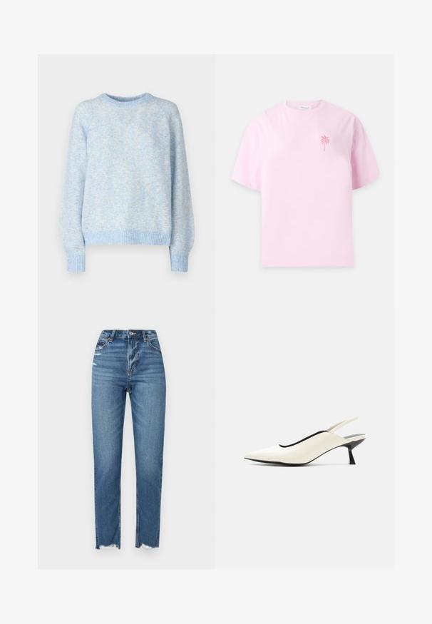 Pieces PCANONA O-NECK - Svetrík - hydrangea; Svetloružové tričko s krátkym rukávom a malou červenou grafikou palmy na ľavej strane hrude a okrúhlym výstrihom.; Džínsy s vysokým pásom v modrej farbe a rovnými nohavicami, vyrobené z denimu, s rozstrapkanými lemami a jemným zosvetlením pre textúru a detail.; Krémovo sfarbená obuv s ostrou špičkou a otvoreným pätovým remienkom, nízkym čiernym podpätkom a hladkým koženým povrchom na bielom pozadí.