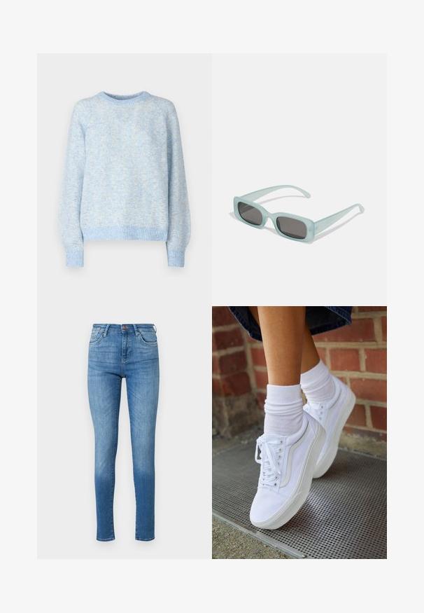Pieces PCANONA O-NECK - Πουλόβερ - hydrangea; Δερμάτινα skinny τζιν σε μεσαίο μπλε χρώμα. Ψηλή μέση, πεντατσέπη σχεδίαση, με διακριτική φθορά. Ράψιμο στα ραφή και το στρίφωμα.; Λευκά καμβά παπούτσια με καουτσούκ σόλες, που διαθέτουν έξι τρυπούλες, στρογγυλή μύτη και λεπτομέρειες από ελαφριά ραφή, σε συνδυασμό με λευκές κάλτσες μέχρι τον αστράγαλο.; Ενα ζευγάρι ορθογώνια γυαλιά ηλίου με ανοιχτό μπλε ημιδιαφανείς σκελετούς και σκούρους γκρι φακούς, διαθέτοντας ίσιες βραχίονες και ελάχιστες λεπτομέρειες υλικών.