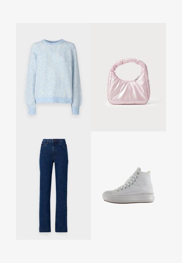 Pieces PCANONA O-NECK - Trui - hydrangea; Hoge taille donkerblauwe denim jeans met een rechte pijp, vijf zakken en contrasterende stiksels langs de naden.; Witte hoge canvas sneaker met witte veters, metalen oogjes, dikke rubberen zool en gestructureerde neuskap, naar links gericht op een witte achtergrond.; Roze, gevoerde handtas met een afgeronde vorm, gemaakt van glanzend materiaal. Beschikt over een geplooide handgreep en een ritssluiting voor veilige toegang.
