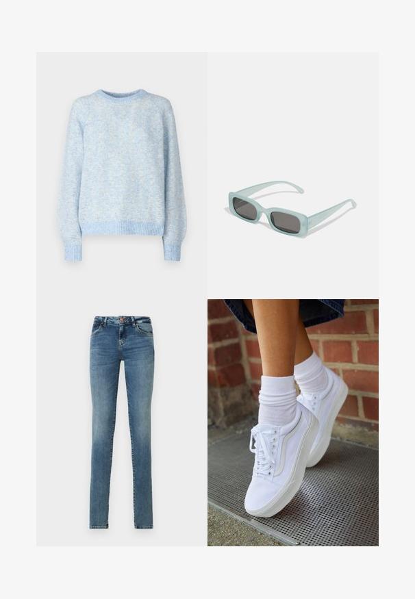 Pieces PCANONA O-NECK - Svetrík - hydrangea; Chudé džínsy z jemného modrého denimu, s gombíkovým zatváraním, piatimi vreckami, jemným vyblednutím a klasickým dizajnom.; Biele plátené tenisky s gumovou podrážkou, s piatimi dierkami na šnúrky, okrúhlou špičkou a svetlými švami, doplnené o biele členkové ponožky.; Párik obdĺžnikových slnečných okuliarov s svetlomodrými priehľadnými rámami a tmavosivými sklami, s rovnými stranami a minimálnymi hardvérovými detailmi.