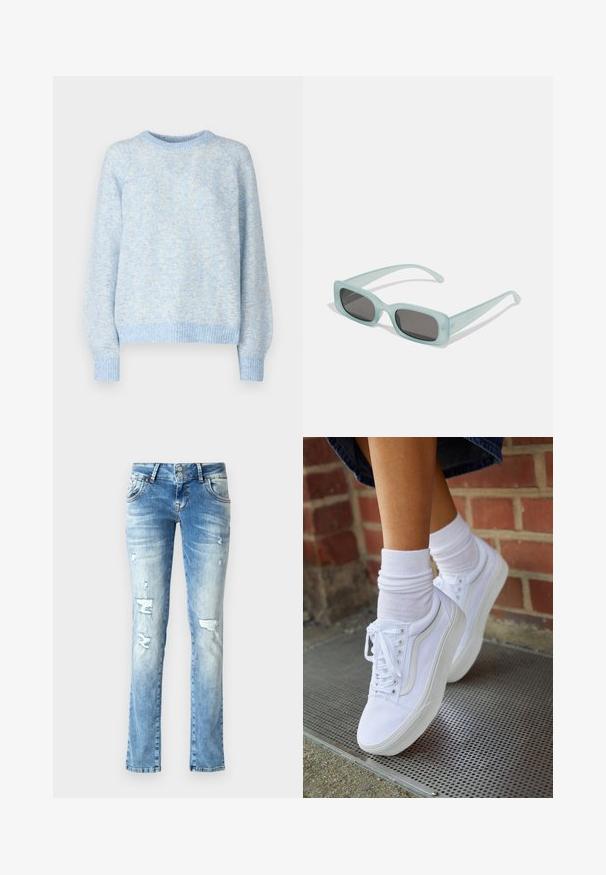 Pieces PCANONA O-NECK - Striktrøje - hydrangea; Lyseblå denimjeans med afslappet pasform, med slidte detaljer, en knaplukning med to knapper og lige ben.; Hvide lærreds sneakers med gummisåler, der har seks snørehuller, rund tå og let sømdetaljer, krydret med hvide ankelstrømper.; Et par rektangulære solbriller med lyseblå gennemsigtige stel og mørkegrå linser, der har lige templer og minimale hardware detaljer.