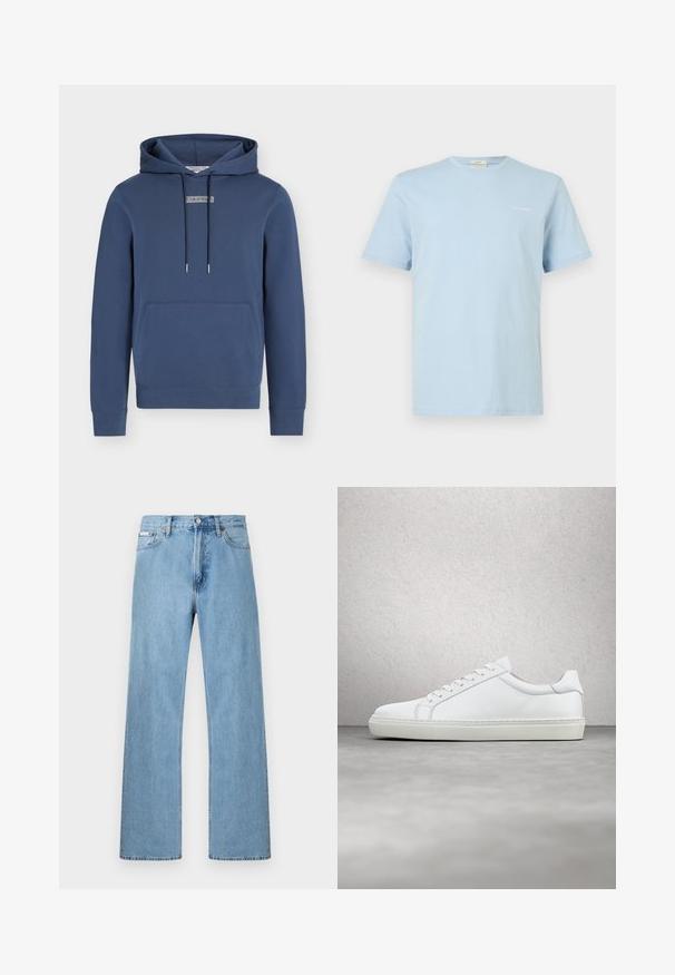 Donkerblauwe hoodie met voorzak (kangoeroezak), verstelbare trekkoorden en klein Calvin Klein-logo op de borst.; Lichtblauw T-shirt met korte mouwen en ronde hals, met een klein wit "Calvin Klein" logo op de linkerborst.; Lichtblauwe denim jeans met rechte pijpen, ontworpen met vijf zakken en een knoopsluiting bij de taille, weergegeven tegen een effen achtergrond.; Witte sneaker met een gladlederen bovenwerk en een laag profiel. Voorzien van een ronde neus, zes vetergaatjes en een gestructureerde rubberen zool.