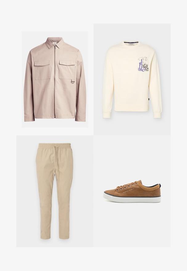 Krémová mikina s dlhým rukávom s rebrovanými manžetami a lemom, s malým umeleckým orlom a logom "Scotch & Soda" na ľavej strane hrudníka.; Svetlo béžová bunda s predným zipsom, dvoma vreckami na hrudi a detailom v tvare kruhu po boku. Vyrobená z hladkej tkaniny so štruktúrovaným dizajnom.; Béžové, ľahké nohavice s elastickým pásom a šnúrkou. Rovný strih, hladká textura a žiadne viditeľné vzory ani akcenty.; Hnedé kožené tenisky s guľatou špičkou, bielou podrážkou a námorníckymi akcentmi. Obsahujú kovové očká a textúrovaný golier.