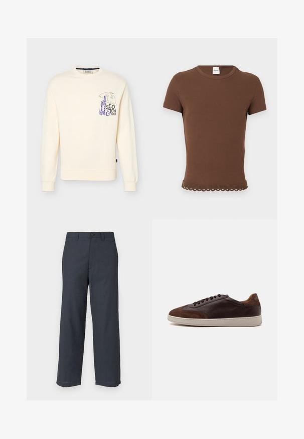 Sweat-shirt crème à manches longues avec poignets et ourlet côtelés, avec un petit aigle artistique et le logo "Scotch & Soda" sur la poitrine gauche.; Haut marron en tricot côtelé à manches courtes avec encolure ronde et bord en crochet à bords festonnés.; Pantalon bleu marine en tissu lisse, présentant une coupe droite, deux poches avant et une fermeture par un seul bouton.; Basket basse en cuir et daim marron avec des lacets marron foncé et une semelle en caoutchouc blanche vue du côté extérieur.