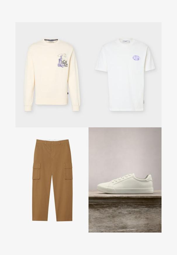 Sweat-shirt crème à manches longues avec poignets et ourlet côtelés, avec un petit aigle artistique et le logo "Scotch & Soda" sur la poitrine gauche.; T-shirt blanc à manches courtes en coton avec un logo ovale lilas sur le côté gauche de la poitrine et un col rond.; Pantalons cargo marron avec deux poches latérales, une taille plate et une coupe droite. Fabriqués en tissu durable avec une texture lisse.; Sneaker en dentelle blanche flottant au-dessus d'un banc en bois avec un feuillage vert en arrière-plan, mettant en valeur le design et la texture de la chaussure.