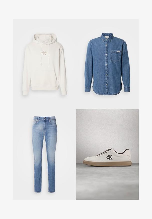 Sudadera blanca con capucha en tejido suave; presenta un bolsillo canguro frontal, puños acanalados y un logo con "Calvin Klein" sobre una "K" estilizada.; Camisa de mezclilla en azul medio con cuello abotonado, mangas largas, bolsillo frontal y botones blancos. Presenta un dobladillo ligeramente curvado.; Jeans de mezclilla azul claro con corte recto, que presentan una cintura de altura media, cinco bolsillos y un ligero desgaste en la tela.; Zapatilla blanca con detalles en marrón, material de ante, cordones planos y suela de goma. Presenta un logotipo en el lateral y una textura lisa.