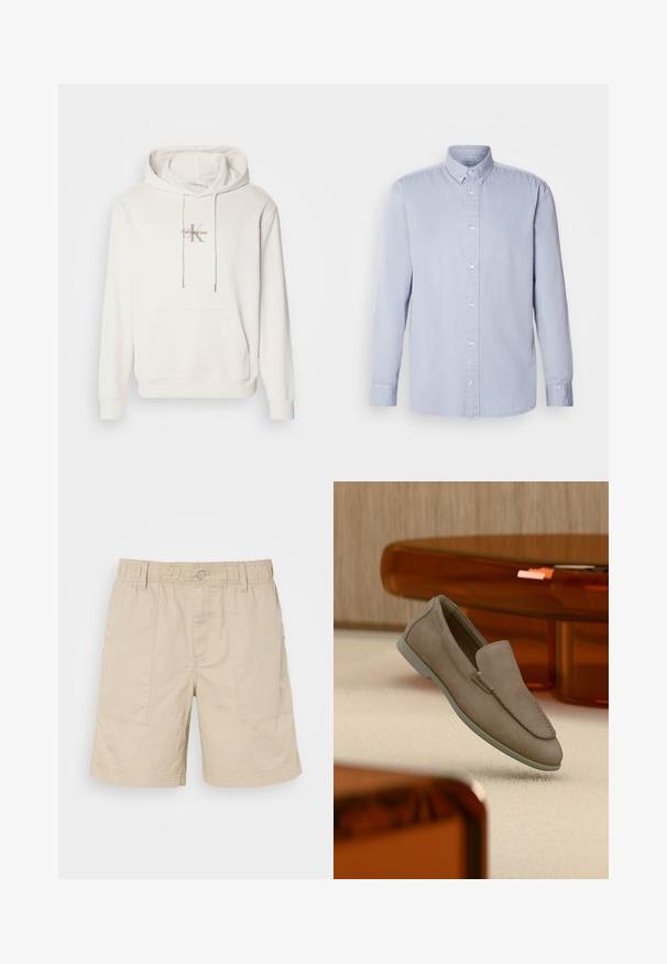 Sudadera blanca con capucha en tejido suave; presenta un bolsillo canguro frontal, puños acanalados y un logo con "Calvin Klein" sobre una "K" estilizada.; Camisa de botones de manga larga en azul claro, hecha de algodón con una textura suave, que presenta un cuello clásico y botones en la parte delantera.; Pantalones cortos de algodón beige con cintura elástica, botón delantero y dos bolsillos laterales. Presenta costuras sutiles y un pequeño logotipo en el lateral.; Mocasín beige de ante sin cordones con costuras visibles y suela clara, posicionado sobre una alfombra color crema, con un mueble translúcido naranja en el fondo.