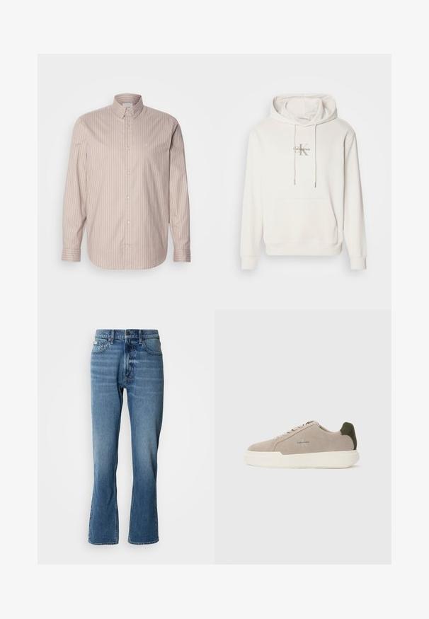 Witte hoodie van zachte stof; voorzien van een voorkant met een kangoeroezak, geribbelde manchetten en een logo met "Calvin Klein" boven een gestileerde "K."; Beige overhemd met lange mouwen, knopen, witte verticale strepen, een puntige kraag en een klein geborduurd logo op de borst.; Lichtblauwe denim jeans met een rechte snit en een lichte flare. Beschikt over vijf zakken, een knoopsluiting en subtiele wassingdetails.; Beige suède sneakers met een witte rubberen zool, voorzien van een donkergroene hielaccent en subtiele branding aan de zijkant.