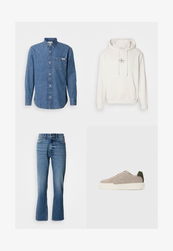 Hvid hættetrøje i blødt stof; har en frontlomme i kangaroo-stil, ribbede manchetter og et logo med "Calvin Klein" over et stiliseret "K."; Denimskjorte i mellemblå med knappet krave, lange ærmer, forlommes og hvide knapper. Har en let buet kant.; Lyseblå denim jeans med lige pasform og let flare. Har fem lommer, knaplukning og subtile slidte detaljer.; Beige ruskinds sneakers med en hvid gummisål, der har en mørkegrøn hælaccent og subtil branding på siden.