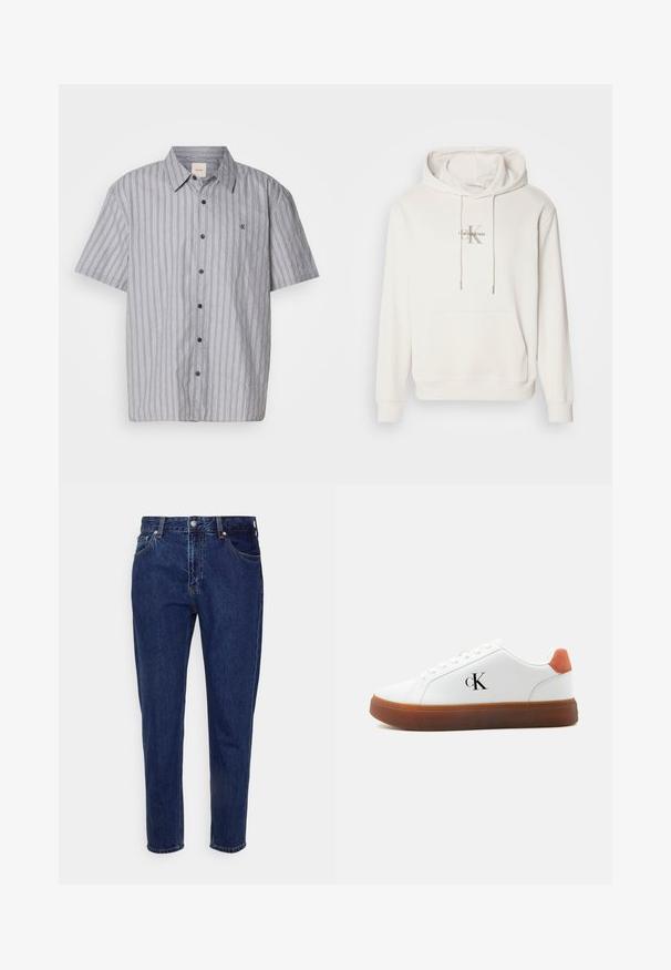 Valge kapuutsiga dressipluus pehmest kangast; sisaldab ees kangaroo-taskut, soonikkoes varrukaid ja logo, millel on "Calvin Klein" stiliseeritud "K" kohal.; Lühikeste varrukatega nööbiga särk, mis on valmistatud kergetest kangast, sinise ja valge vertikaalse triibuga. Omab klassikalist kaelust ja eesmine taskut.; Tumesinised sirge säärega teksapüksid esi- ja tagataskute, eest lukustuva nööbi ja tõmblukuga ning vööaasadega.; Valge madala säärega toss pruunide tallaga, oranži kontsaloa, paelte ja külje peal oleva "cK" logoga.